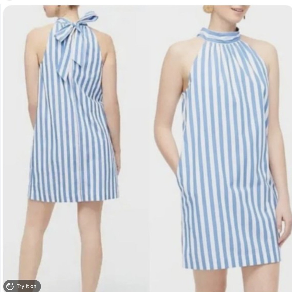 NEW J Crew Women Halter Bow Back Poplin Shift Dress Blue Stripe Beach Preppy 6